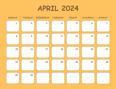 Nisan 2024 takvim Pazartesi başlıyor