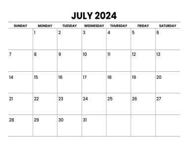 2024 JULY Takvim Pazar günü başlıyor, basit tasarım