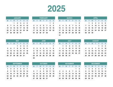 Basit takvim 2025, takvim bütün yıl dolu.
