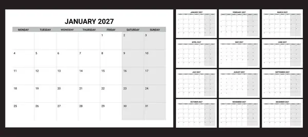 2027 Takvim Yazdırılabilir Başlangıç Pazartesi 'den itibaren