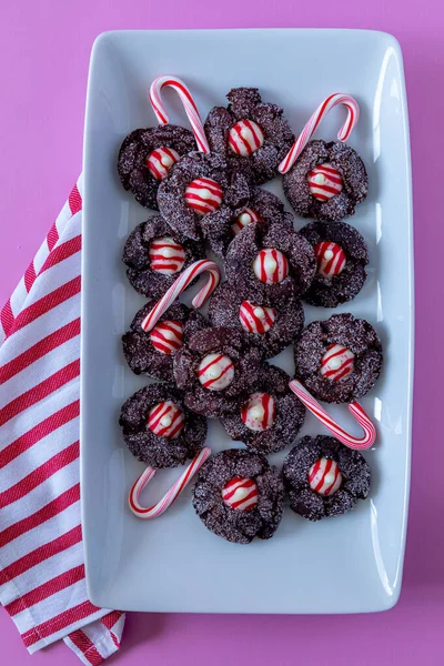 Peppermint Chocolate Blossom Cookies Stacked White Rectangle Plate Candy Canes Imagen De Stock