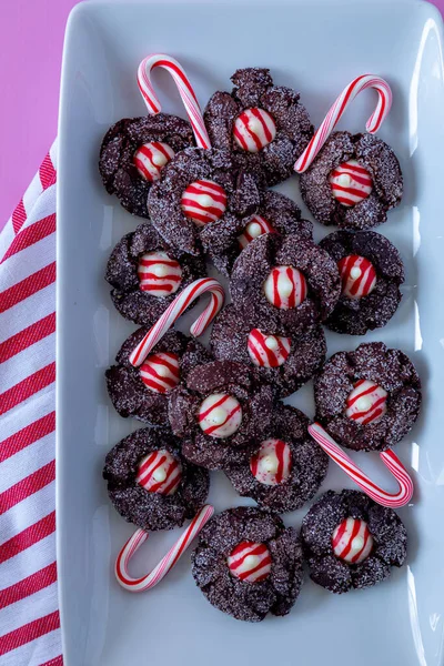 Candy Cane Chocolate Blossom Cookies Stacked White Rectangle Plate Candy Imágenes De Stock Sin Royalties Gratis