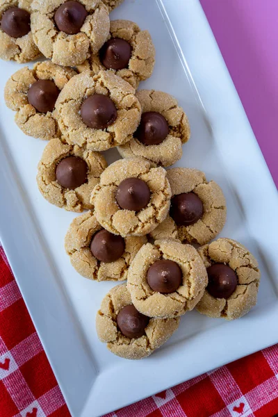 Displat Holiday Peanut Butter Blossom Cookies Stacked White Rectangle Plate Imagen De Stock