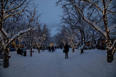 Kış tatilinde Aspen Colorado 'da ışıklar ve Noel süslemeleriyle sokakta yürüyen insanların bulanık figürleri.