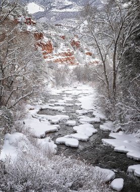 Frying Pan Nehri boyunca kış sahnesi, Basalt ve Aspen Colorado yakınlarındaki akarsu nehri üzerindeki ağaçlar ve kayaları kaplayan yeni yağan kardan sonra.
