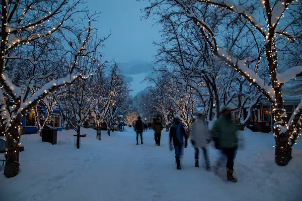 Aspen Colorado 'nun mavi saati kış akşamı sokak sahnesi ışıklandırılmış ağaçlar Noel ışıkları ve süslemeleri ile, sokakta yürüyen insanların bulanık figürleri.