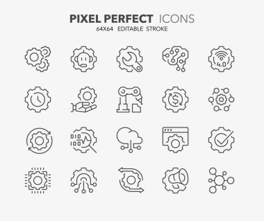 İnce çizgi simgeleri otomasyon kabulleri dizisi. Taslak sembol koleksiyonu. Düzenlenebilir vektör vuruşu. 64x64 Piksel Mükemmel.