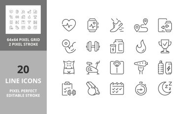 Line icons about fitness, gym and health care. Editable vector stroke. 64 and 256 Pixel Perfect scalable to 128px clipart