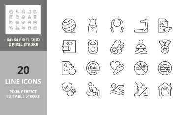 Line icons about fitness, gym and health care. Editable vector stroke. 64 and 256 Pixel Perfect scalable to 128px clipart