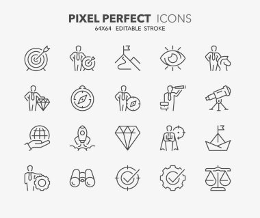 Thin line icons set of Mission, vision and values. Business concepts Outline symbol collection. Editable vector stroke. 64x64 Pixel Perfect. clipart