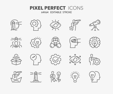 İnce çizgi simgeleri, vizyon ve yenilikler, iş kavramları. Taslak sembol koleksiyonu. Düzenlenebilir vektör vuruşu. 64x64 Piksel Mükemmel.