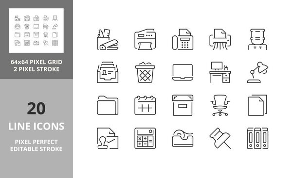Line icons about office supplies. Editable vector stroke. 64 and 256 Pixel Perfect scalable to 128px