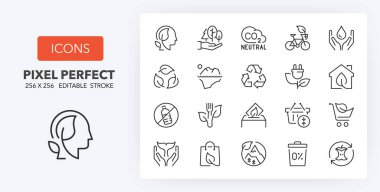 Eco lifestyle. Thin line icon set. Outline symbol collection. Editable vector stroke. 256x256 Pixel Perfect scalable to 128px, 64px...