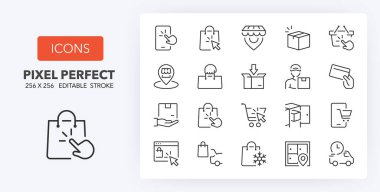 Shopping online, click and collect. Thin line icon set. Outline symbol collection. Editable vector stroke. 256x256 Pixel Perfect scalable to 128px, 64px...