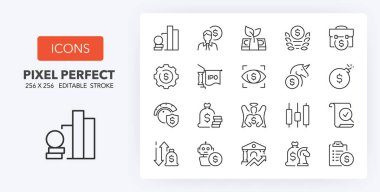 Set of thin line icons of investment. Outline symbol collection. Editable vector stroke. 256x256 Pixel Perfect scalable to 128px, 64px...