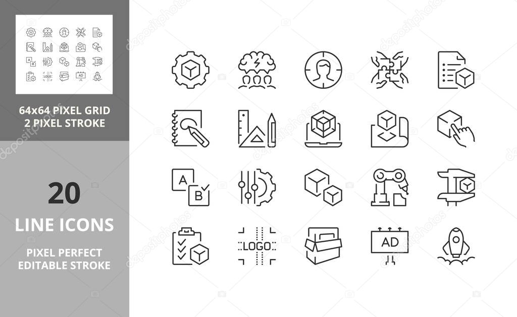 Line icons about new products development. Editable vector stroke. 64 and 256 Pixel Perfect scalable to 128px