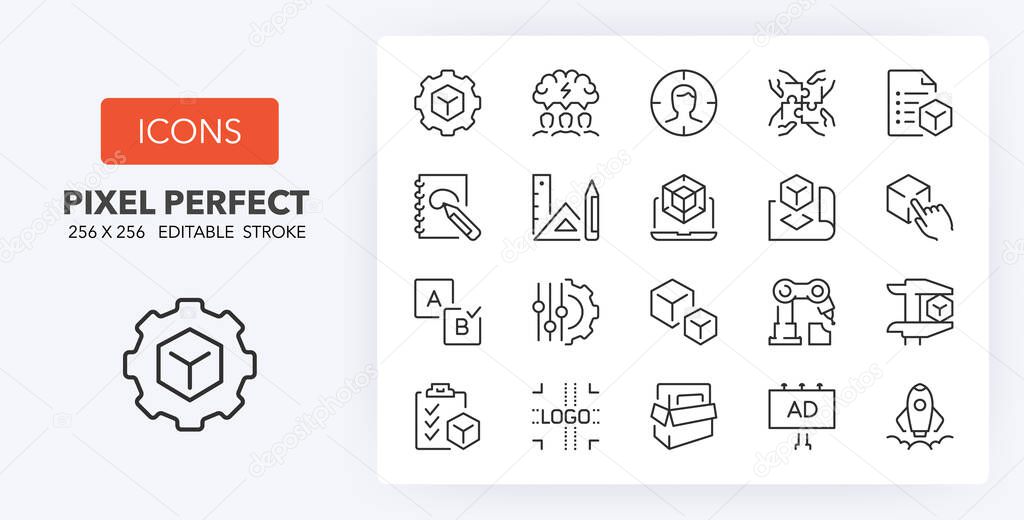 Set of thin line icons of new product development. Outline symbol collection. Editable vector stroke. 256x256 Pixel Perfect scalable to 128px, 64px...