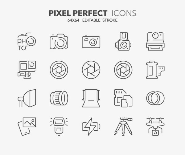 Тонкая линия иконок набор фотографий. Коллекция контурных символов. Редактируемый векторный удар. Pix64 Perfect.