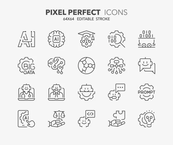 一组关于人工智能的细线图标 可编辑的矢量行程 64X64 Pixel Perfect — 图库矢量图片