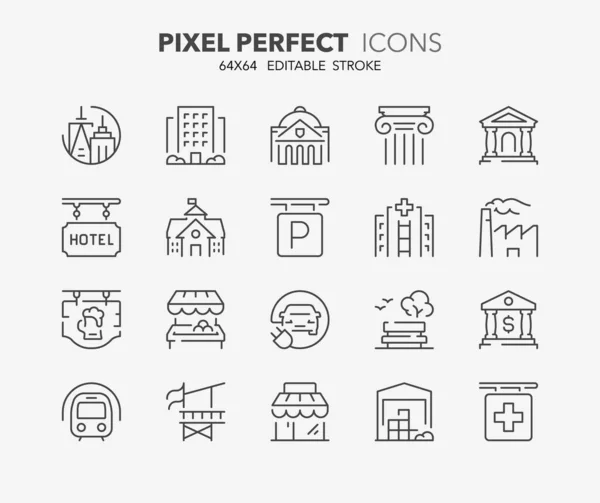 一组关于城市建筑和服务的细线图标 可编辑的矢量行程 64X64 Pixel Perfect — 图库矢量图片
