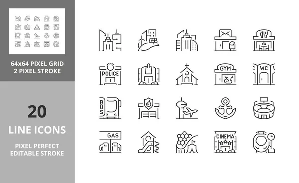 Bâtiments Services Ville Jeu Icônes Ligne Mince Aperçu Collection Symboles — Image vectorielle