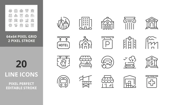 Städtische Gebäude Und Dienstleistungen Dünne Linie Icon Set Umrissene Symbolsammlung — Stockvektor