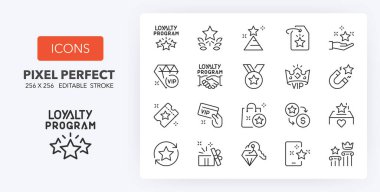 Loyalty programs thin line icon set. Outline symbol collection. Editable vector stroke. 256x256 Pixel Perfect scalable to 128px, 64px... clipart