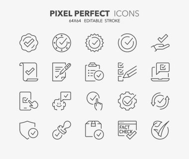 Line icons about checkmark and quality product. Outline symbol collection. Editable vector stroke. 64x64 Pixel Perfect. clipart