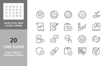 Kontrol işareti ve kaliteli ürün hakkında satır simgeleri. Düzenlenebilir vektör vuruşu. 64 ve 256 Piksel Mükemmel ölçeklenebilir 128px...