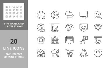 İnternet hakkında satır simgeleri. Düzenlenebilir vektör vuruşu. 64 ve 256 Piksel Mükemmel ölçeklenebilir 128px...