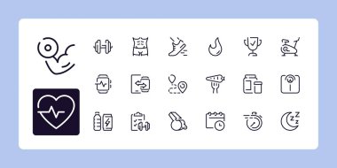 Fitness, gym and health care line icon set 1 of 2. Outline symbol collection. Editable vector stroke. 48 and 96 Pixel Perfect scalable to 192px, 384px... clipart