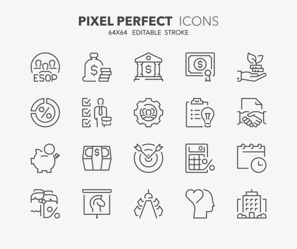 Линейные иконки о плане владения акциями сотрудников, концепция бизнеса. Коллекция контурных символов. Редактируемый векторный удар. Pix64 Perfect.