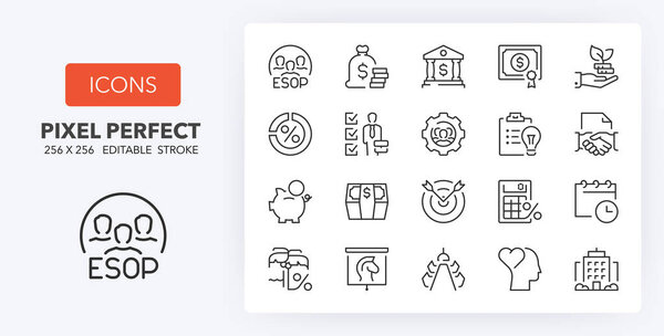 ESOP, Employee Stock Owownership Plan, business concept thin line icon set. Коллекция контурных символов. Редактируемый векторный удар. 256х256 пикселей, масштабируемый до 128px, пикселей...