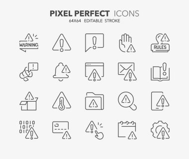 Line icons about warning and exclamations marks. Outline symbol collection. Editable vector stroke. 64x64 Pixel Perfect. clipart