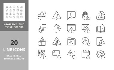 Line icons about warning and exclamations marks. Editable vector stroke. 64 and 256 Pixel Perfect scalable to 128px... clipart