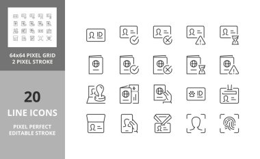Kimlikler hakkında satır simgeleri. Düzenlenebilir vektör vuruşu. 64 ve 256 Piksel Mükemmel ölçeklenebilir 128px...