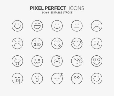Emojilerle ilgili çizgi simgeleri. Taslak sembol koleksiyonu. Düzenlenebilir vektör vuruşu. 64x64 Piksel Mükemmel.