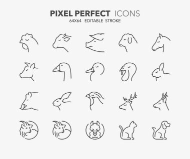 Çiftlik ve hayvan avlama ikonları. Taslak sembol koleksiyonu. Düzenlenebilir vektör vuruşu. 64x64 Piksel Mükemmel.