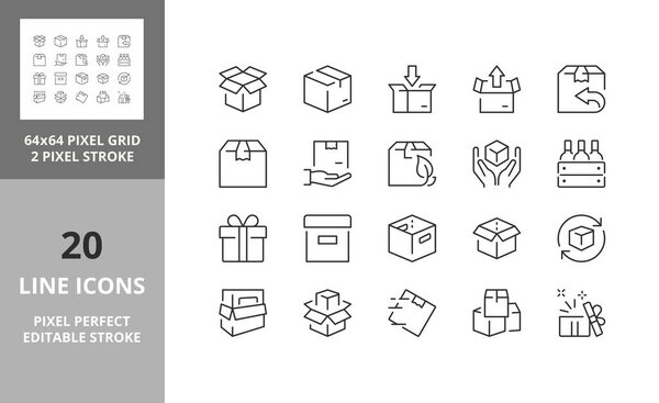 Line icons about delivery boxes and package. Editable vector stroke. 64 and 256 Pixel Perfect scalable to 128px...