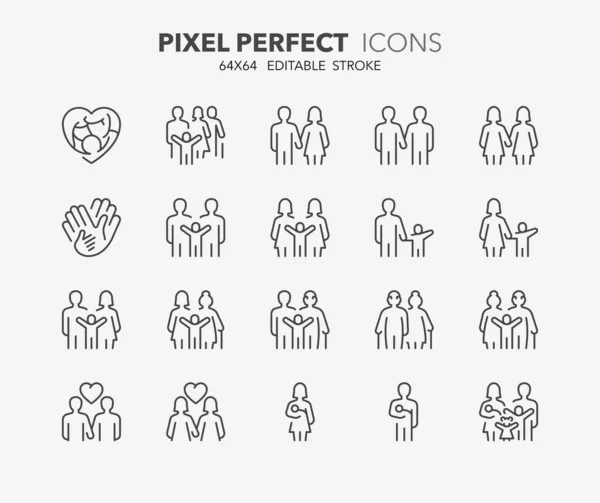 stock vector Line icons about types of family structures. Outline symbol collection. Editable vector stroke. 64x64 Pixel Perfect.