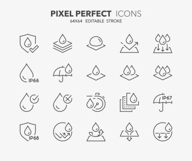 Line icons about waterproof fabrics and absorbent fabrics. Outline symbol collection. Editable vector stroke. 64x64 Pixel Perfect. clipart