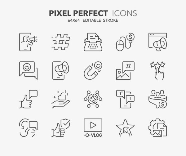 Line icons about influencers and social media marketing. Outline symbol collection. Editable vector stroke. 64x64 Pixel Perfect.