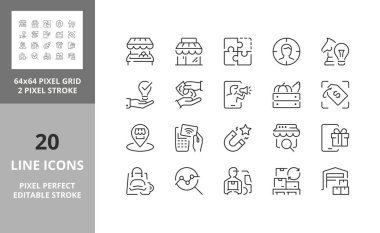 Perakende ticareti hakkında çizgi simgeleri. Düzenlenebilir vektör vuruşu. 64 ve 256 Piksel Mükemmel ölçeklenebilir 128px...