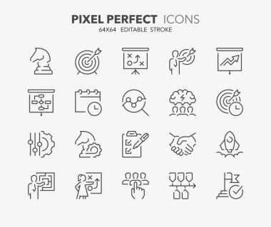 Eylem planı hakkında satır simgeleri. Arama stratejisi, hedef, şema, zaman çizelgesi ve iş akışı gibi simgeler içerir. Düzenlenebilir vektör vuruşu 64x64 piksel mükemmel