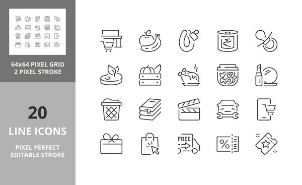 Supermarket departments and services, thin line icon set 3 of 3. Outline symbol collection. Editable vector stroke. 64 and 256 Pixel Perfect scalable to 128px