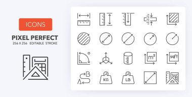 Line icons about length, weight and volume. Contains such icons as ruler, m2, area and more. Editable vector stroke. 256 Pixel Perfect scalable to 128px... clipart