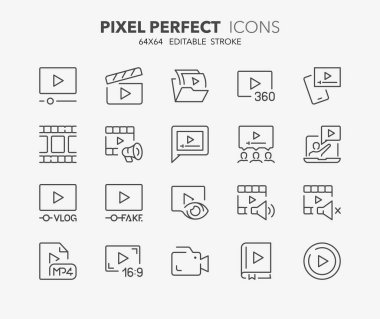 Video hakkında satır simgeleri. Video dersi, görüntü oranı, viral ve daha fazlası gibi simgeler içerir. 2 'nin 2' si düzenlenebilir vektör vuruşu. 64x64 piksel mükemmel