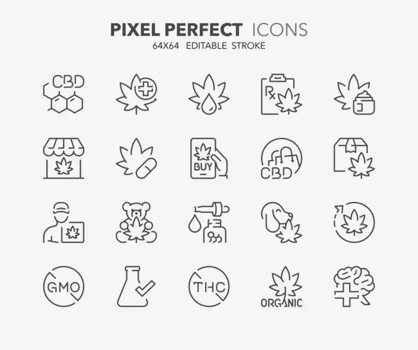 stock vector Line icons about cannabidiol. Contains such icons as CBD molecular symbol, treatments, medical benefits and more. Editable vector stroke. 64x64 pixel perfect