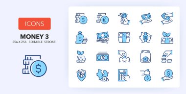 Satır simgeleri para hakkında. Tasarruf, muhasebe, ödeme ve daha fazlası gibi ikonlar içeriyor. 256x256 Piksel İki renkte mükemmel düzenlenebilir. 3 setten 1 'ini ayarla