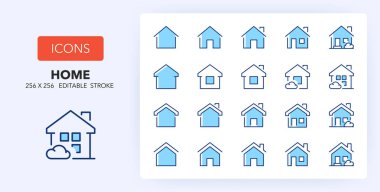 Ev modelleri hakkında satır simgeleri. 256x256 Piksel İki renkte mükemmel düzenlenebilir